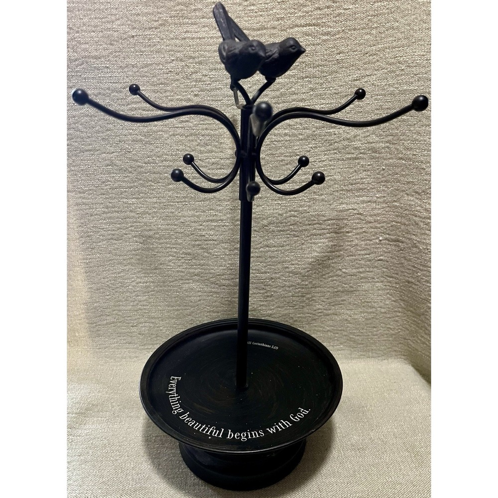 DaySpring Black Metal Jewelry Tree Stand Bird Finial Everything Beautiful 57647